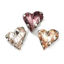 Brass Glass Rhinestone Sew on Rhinestones, Heart, Mixed Color, Platinum, 13x12x6.5mm, Hole: 1.2mm(RGLA-B004-02P-B)