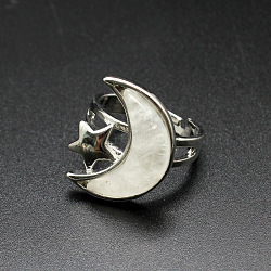 Moon & Star Natural Quartz Crystal Adjustable Rings, Metal Jewely for Women, Inner Diameter: Adjustable(PW-WGCB712-01)