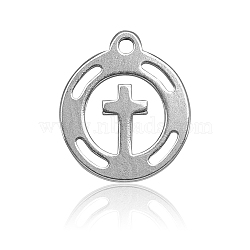 304 Stainless Steel Charms, Flat Round with Cross, Stainless Steel Color, 11.5x10x1mm, Hole: 1mm(STAS-CJ0002-05)