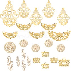 5 Style Brass & Iron Filigree Joiners, Mixed Shapes, Real 18K Gold Plated, 23x46x2mm, 50pcs/box(KK-SC0002-81)