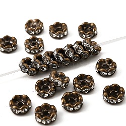 Brass Rhinestone Spacer Beads, Grade AAA, Wavy Edge, Nickel Free, Antique Bronze, Rondelle, Crystal, 6x3mm, Hole: 1mm(X-RB-A014-L6mm-01AB-NF)