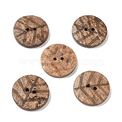 2-Hole Coconut Buttons, Flat Round with Leaf Vein Pattern, Camel, 25x4.5mm, Hole: 2mm(BUTT-D056-03)
