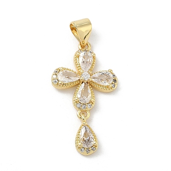 Brass Micro Pave Cubic Zirconia Pendants, Cross with Teardrop Charms, Long-Lasting Plated, Rack Plating, Lead Free & Cadmium Free, Real 18K Gold Plated, 26x14.5x4mm, Hole: 4.5x3.5mm