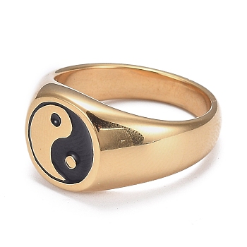 Ion Plating(IP) 304 Stainless Steel Finger Rings, Yin Yang Ring, with Enamel, Gossip, Real 18K Gold Plated, US Size 7(17.3mm)