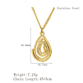 Stylish Stainless Steel Spiral Pendant Necklaces for Women, Real 18K Gold Plated, Teardrop, 17.72 inch(45cm)