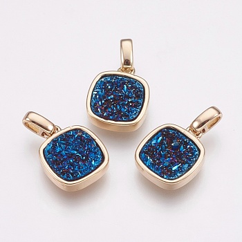 Natural Druzy Agate Pendants, with Brass Finding, Square, Golden, Royal Blue, 13x11x3~4mm, Hole: 2x2.5mm