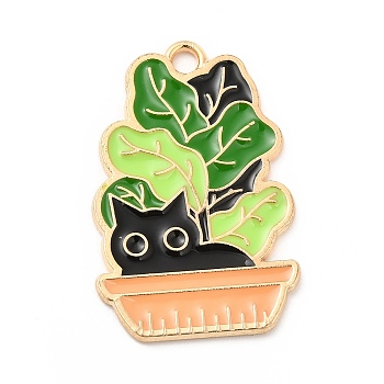 Alloy Enamel Pendants, Light Gold, Potted with Cat Charm, Lawn Green, 28x18x1mm, Hole: 2mm