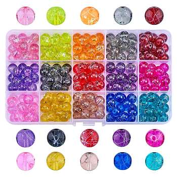 225Pcs 15 Colors Drawbench Transparent Glass Beads Strands, Spray Painted, Round, Mixed Color, 10mm, Hole: 1.3~1.6mm, 15pcs/color