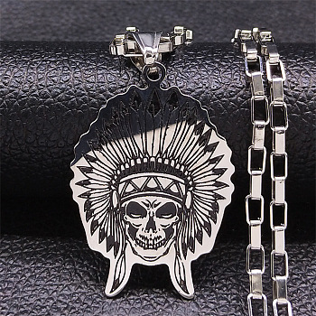 304 Stainless Steel Enamel Pendant Necklaces, Tribal Halloween Skull, Stainless Steel Color, 23.23 inch(59cm)