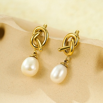 304 Stainless Steel knot Stud Earrings, with Freshwater Pearl Beads, Real 18K Gold Plated, 26.5x8.5mm