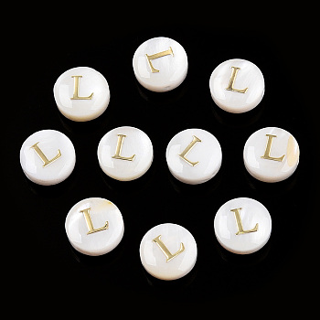 Natural Freshwater Shell Beads, with Golden Plated Brass Etched Metal Embellishments, Flat Round with Letter, Letter L, 7.5~8x4~5mm, Hole: 0.8mm