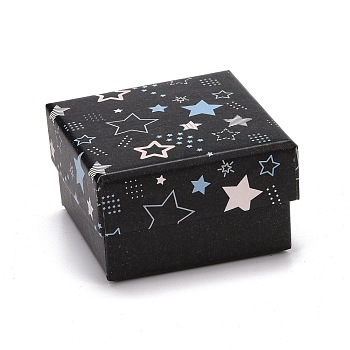 Cardboard Jewelry Boxes, with Black Sponge Mat, for Jewelry Gift Packaging, Square with Star Pattern, Black, 5.3x5.3x3.2cm