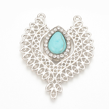 Alloy Big Pendants, with Resin Findings and Rhinestones, Platinum, Turquoise, 51.5x42x5mm, Hole: 1.5mm