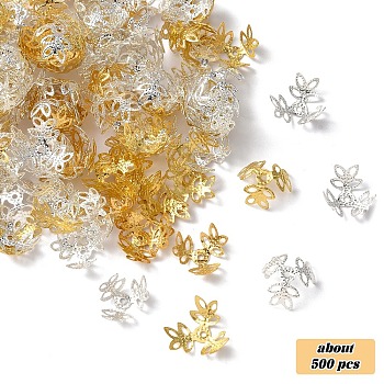 50g 2 Colors Plated Iron Fancy Bead Caps, 3-Petal Flower, Golden & Silver, 8.5~12x10~14x4~6mm, Hole: 1.2mm, 25g/color, about 250pcs/color