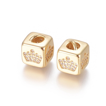 Brass Micro Pave Cubic Zirconia Beads, Long-Lasting Plated, Cube with Crown Pattern, Golden, Clear, Golden, 10x8x8.5mm, Hole: 1.5x3.5mm and 4mm