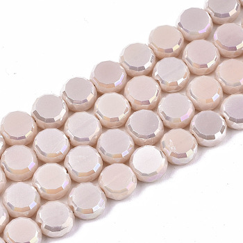 Electroplate Opaque Solid Color Glass Beads Strands, AB Color Plated, Faceted Flat Round, Old Lace, 8x4mm, Hole: 1.5mm, about 99~101pcs/strand, 27.76 inch~28.94 inch, (70.5cm~73.5cm)