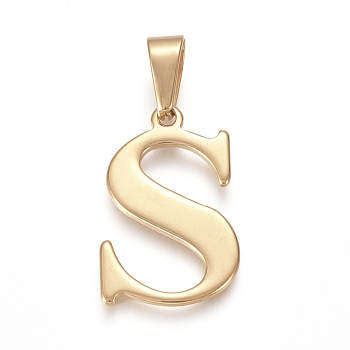 304 Stainless Steel Pendants, Golden, Initial Letter.S, 28x18x1.5mm, Hole: 5x8mm