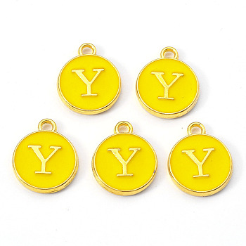 Golden Plated Alloy Enamel Charms, Enamelled Sequins, Flat Round with Letter, Gold, Letter.Y, 14x12x2mm, Hole: 1.5mm