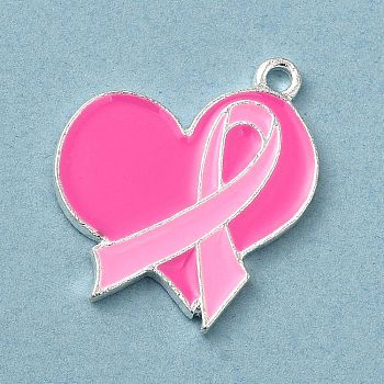 Breast Cancer Pink Awareness Ribbon Theme Alloy Enamel Pendants, Silver, Heart, 22x20x1.5mm, Hole: 1.5mm