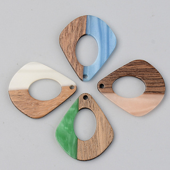 Opaque Resin & Walnut Wood Pendants, Teardrop, Mixed Color, 32.5x27.5x3mm, Hole: 2mm