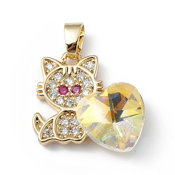 Real 18K Gold Plated Rack Plating Brass Micro Pave Cubic Zirconia Pendants, with Glass, Long-Lasting Plated, Cadmium Free & Lead Free, Cat with Heart, Clear AB, 21x19.5x7.5mm, Hole: 3.5x5mm
