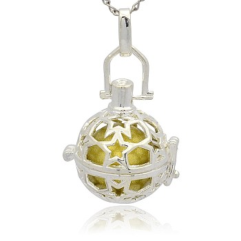 Silver Color Plated Brass Hollow Round Cage Pendants, with No Hole Spray Painted Brass Round Ball Beads, Dark Khaki, 36x25x21mm, Hole: 3x8mm