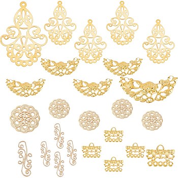 5 Style Brass & Iron Filigree Joiners, Mixed Shapes, Real 18K Gold Plated, 23x46x2mm, 50pcs/box