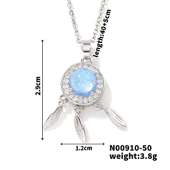 Starry Sky Theme Brass Pave Clear Cubic Zirconia Pendant Necklace for Women, Feather, 15.75 inch(40cm)