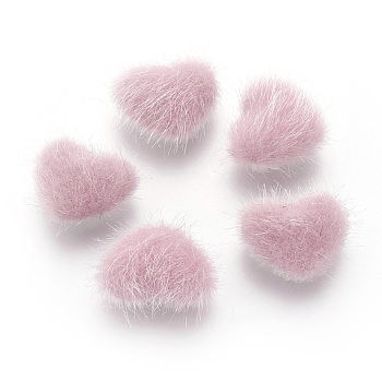 Faux Mink Fur Covered Cabochons, with Alloy Bottom, Heart, Silver Color Plated, Pink, 14x17x6.5mm