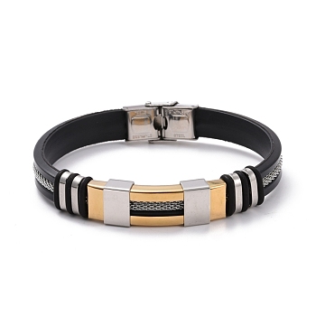 Men's Silicone Cord Bracelet, Titanium Steel Curved Tube Beads Friendship Bracelet, Black, Golden & Stainless Steel Color, 8-7/8 inch(22.5cm)