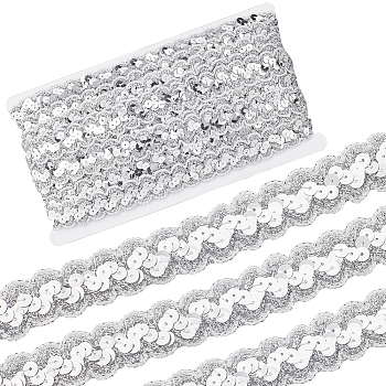 Sparkle Polyester Paillette Lace Ribbons, Garment Accessories, Silver, 7/8 inch(23mm), about 14.22 Yards(13m)/Roll