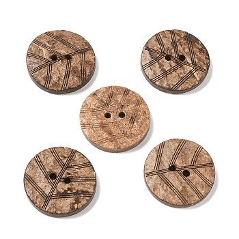 2-Hole Coconut Buttons, Flat Round with Leaf Vein Pattern, Camel, 25x4.5mm, Hole: 2mm
