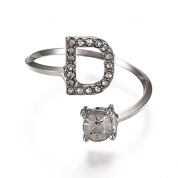 Alloy Cuff Rings, Open Rings, with Crystal Rhinestone, Platinum, Letter.D, US Size 7 1/4(17.5mm)