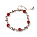 Aluminium Flower Link Bracelets, Alloy Rhinestone Leaf Bracelets for Women, Red Copper, 6-7/8 inch(17.5cm)(BJEW-WH0011-19R)