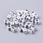6MM Letter B Cube Acrylic Beads, Horizontal Hole, White, Size: about 6mm wide, 6mm long, 6mm high, hole: 3.2mm, about 300pcs/50g(X-PL37C9308-B)