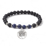 Natural Lava Rock & Natural Lapis Lazuli Gemstone Round Beaded Stretch Bracelet, with Alloy Tree of Life Charms, Inner Diameter: 2-1/2 inch(6.5cm)(BJEW-JB09767-02)