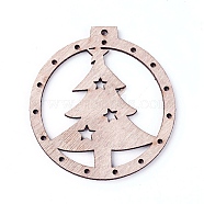 Undyed Wood Big Pendants, Flat Round with Christmas Tree, BurlyWood, 68.5x64x2.5mm, Hole: 2.5mm(WOOD-F007-01)