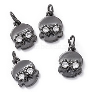 Brass Micro Pave Cubic Zirconia Charms, Lead Free & Cadmium Free, Skull, Gunmetal, 12.5x9x2mm, Hole: 2.8mm(ZIRC-F083-012B-RS)