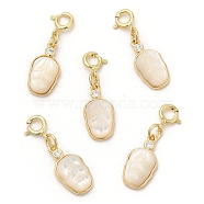Natural White Shell Leaf Pendant Decorations, with Brass Micro Pave Cubic Zirconia and Spring Ring Clasps, Real 14K Gold Plated, 26mm(KK-H445-12G)