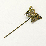 Iron Hair Stick Findings, with Brass Butterfly Tray, Nickel Free, Antique Bronze, 58mm(X-IFIN-I010-AB-NF)