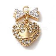 Brass Micro Pave Cubic Zirconia Pendants, Bowknot with Heart Charm, Golden, 16x10.5x3.5mm, Hole: 1.6mm(KK-F865-15G)