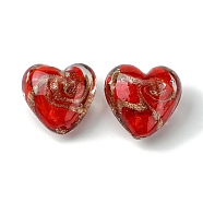 Handmade Gold Sand Lampwork Beads, Inner Flower, Heart, Red, 21x20.5x13.5mm, Hole: 1.8mm(FOIL-B001-06C)