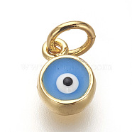 Brass Enamel Charms, Lead Free & Cadmium Free, Flat Round with Evil Eye, Deep Sky Blue, Golden, 8x6x3mm, Hole: 3mm(ZIRC-E152-28G-RS)