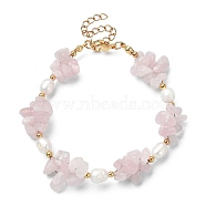 Natural Rose Quartz Chips & Pearl Beaded Bracelet, with 304 Stainless Steel Clasps, 7-1/4 inch(18.5cm)(BJEW-TA00349-04)