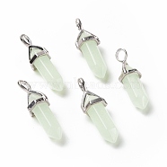 Luminous/Glow Bullet Glass Pointed Pendants, with Platinum Tone Brass Findings, Lead Free and Cadmium Free, Light Cyan, 28~29.5x9~9.5x8mm, Hole: 4.5x3mm(GLAA-K058-01P-01)