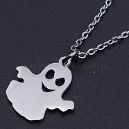 For Halloween, 201 Stainless Steel Pendant Necklaces, with Cable Chains and Lobster Claw Clasps, Ghost, Stainless Steel Color, 15.74 inches(40cm), 1.5mm(NJEW-S105-JN591-40-1)