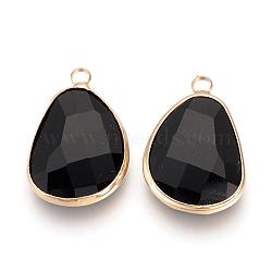 Glass Pendants, with Brass Findings, Faceted, teardrop, Nickel Free, Raw(Unplated), Black, 24x16x5mm, Hole: 2mm(GLAA-S156B-012)