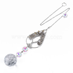Natural Labradorite Big Pendants, with Platinum Brass Chain Extender and Findings, Plating Glass Flat Round & Flower, Clear AB Color, Teardrop with Tree of Life, 155mm, Hole: 3.5mm(G-N333-010A)
