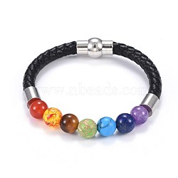 Chakra Jewelry, Leather Cord Bracelets, with Natural & Synthetic Mixed Gemstone, Brass Magnetic Clasps and 304 Stainless Steel Cord Ends, 7-1/2 inch(19cm), 6mm(X-BJEW-JB04254-02)