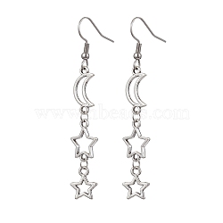 Alloy Dangle Earrings, Star and Moon, Platinum, 64x12mm(EJEW-JE05620)